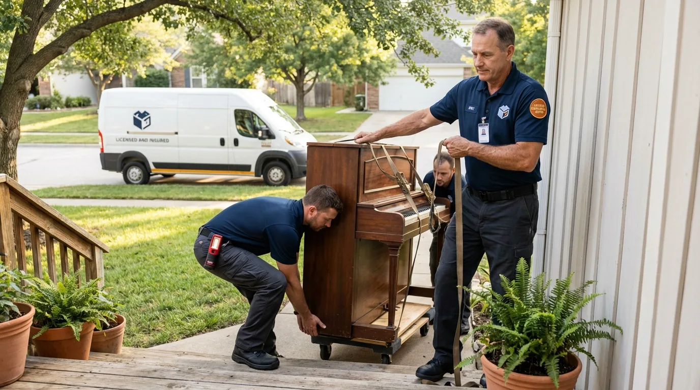 Licensed piano movers securing grand piano in Russell, KY