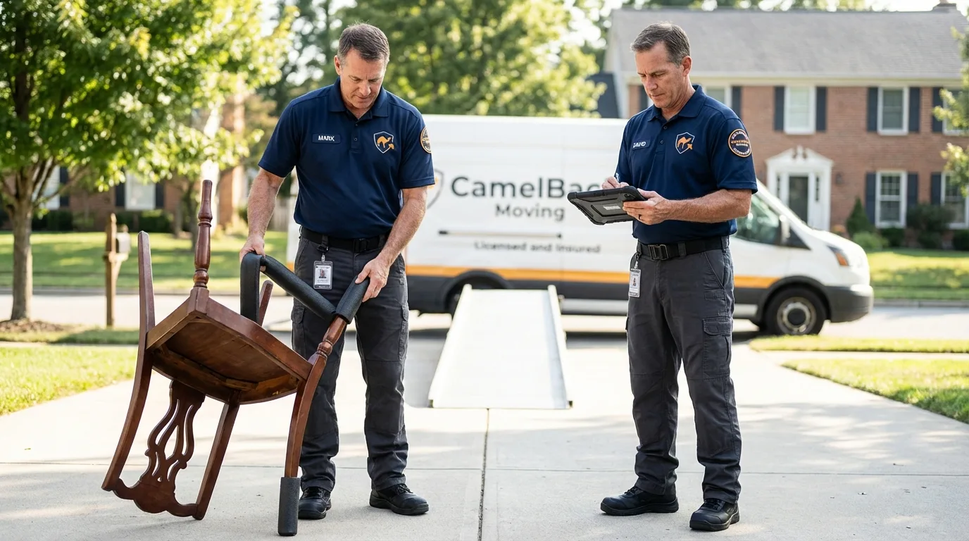 Movers inspecting furniture for damage prevention before loading in Russell, KY