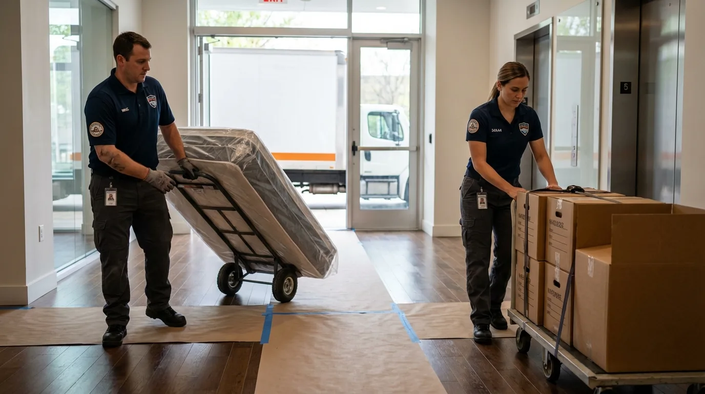 Professional apartment movers loading elevator in Russell, KY