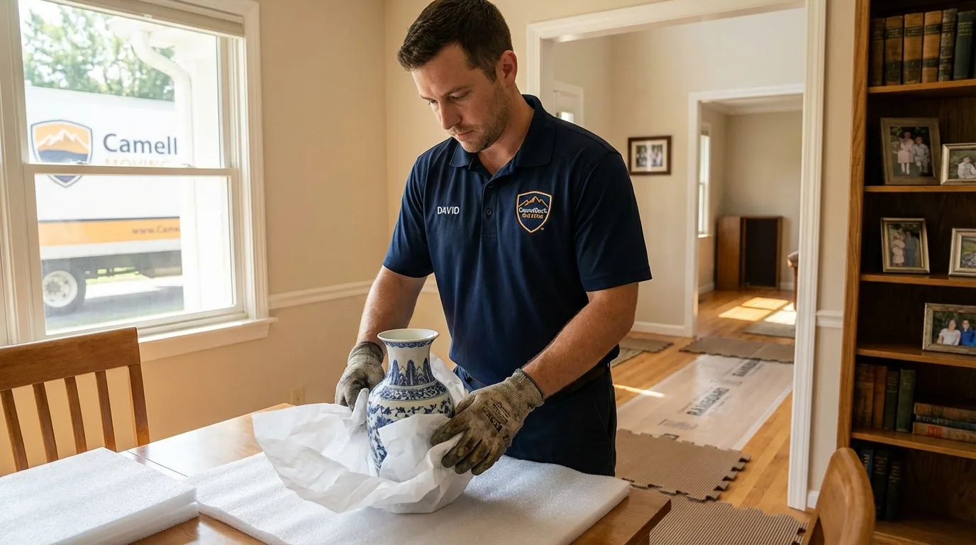 Professional crew carefully wrapping antique vase for senior downsizing move in Russell, KY